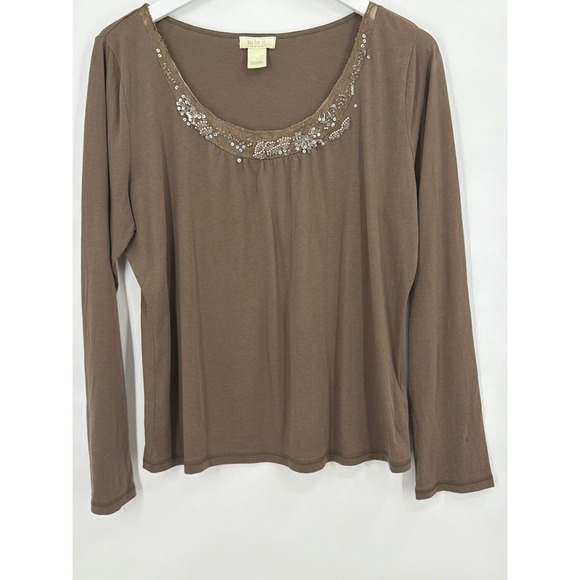So Be It Sigrid Olsen Tops - So Be It Sigrid Olsen Brown Cotton Sequin Lace Trim Scoop Neck Long Sleeve Top L